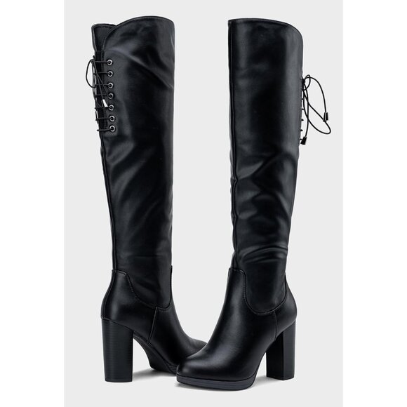 Women's Blackpu-imitation Suede Thigh High Over The Knee Rounded Toe Tall Boot - Picture 5 of 7